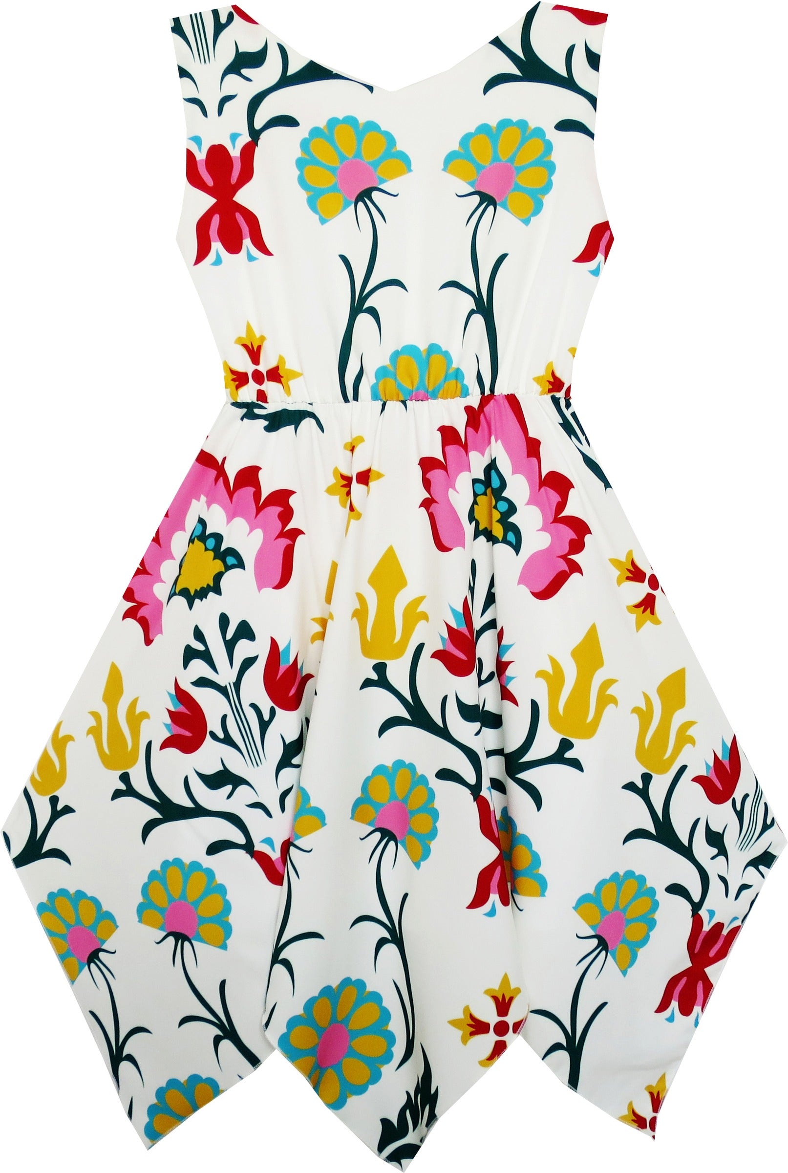 Girls Dress Sunflower Butterfly Hanky Hem Party Beach Necklace Sundress Multi-Color