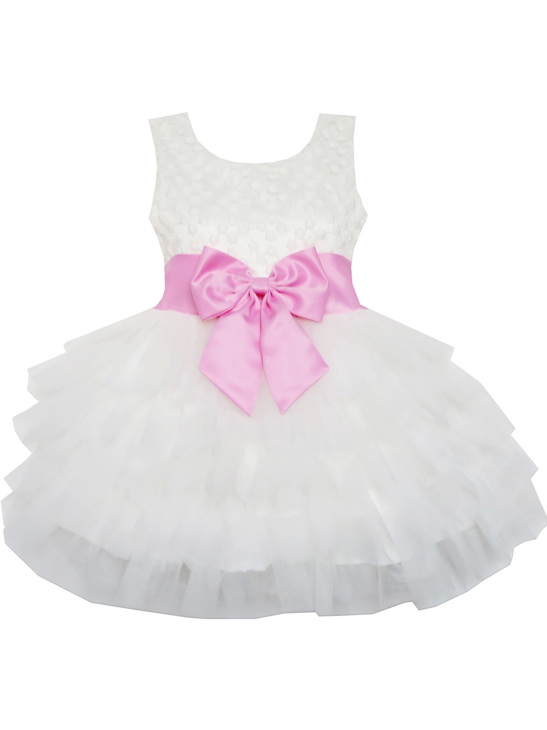 Girls Dress Pink Bow Tie Wedding Lace Tulle Overlay Layered White