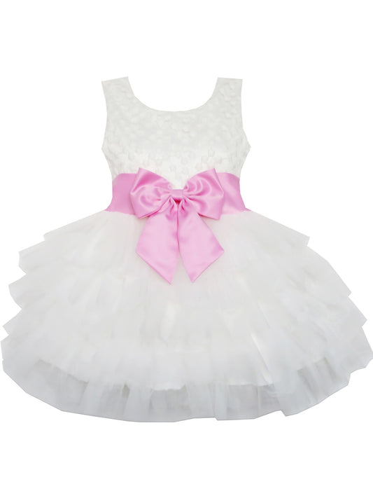 Girls Dress Pink Bow Tie Wedding Lace Tulle Overlay Layered White