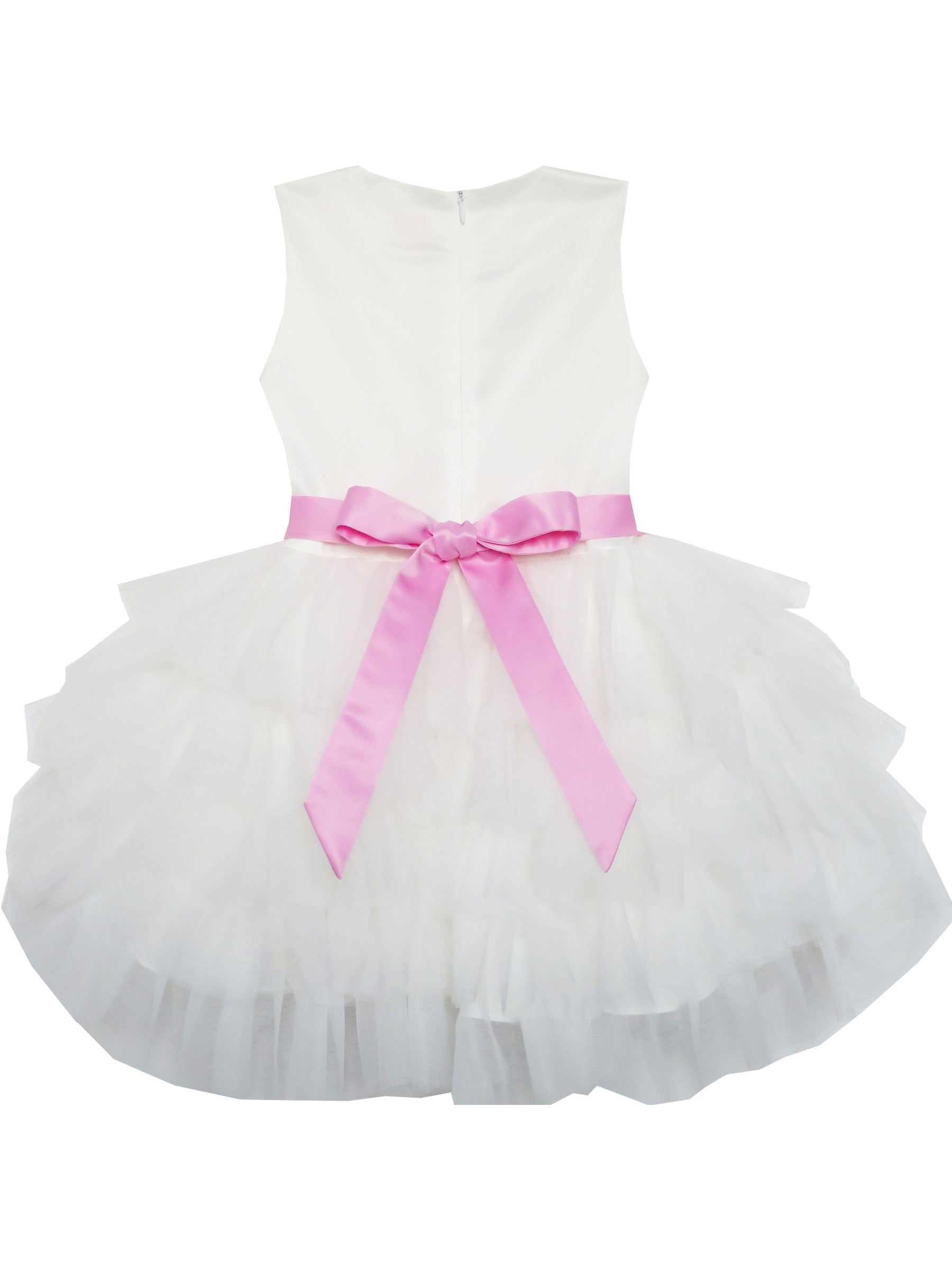 Girls Dress Pink Bow Tie Wedding Lace Tulle Overlay Layered White