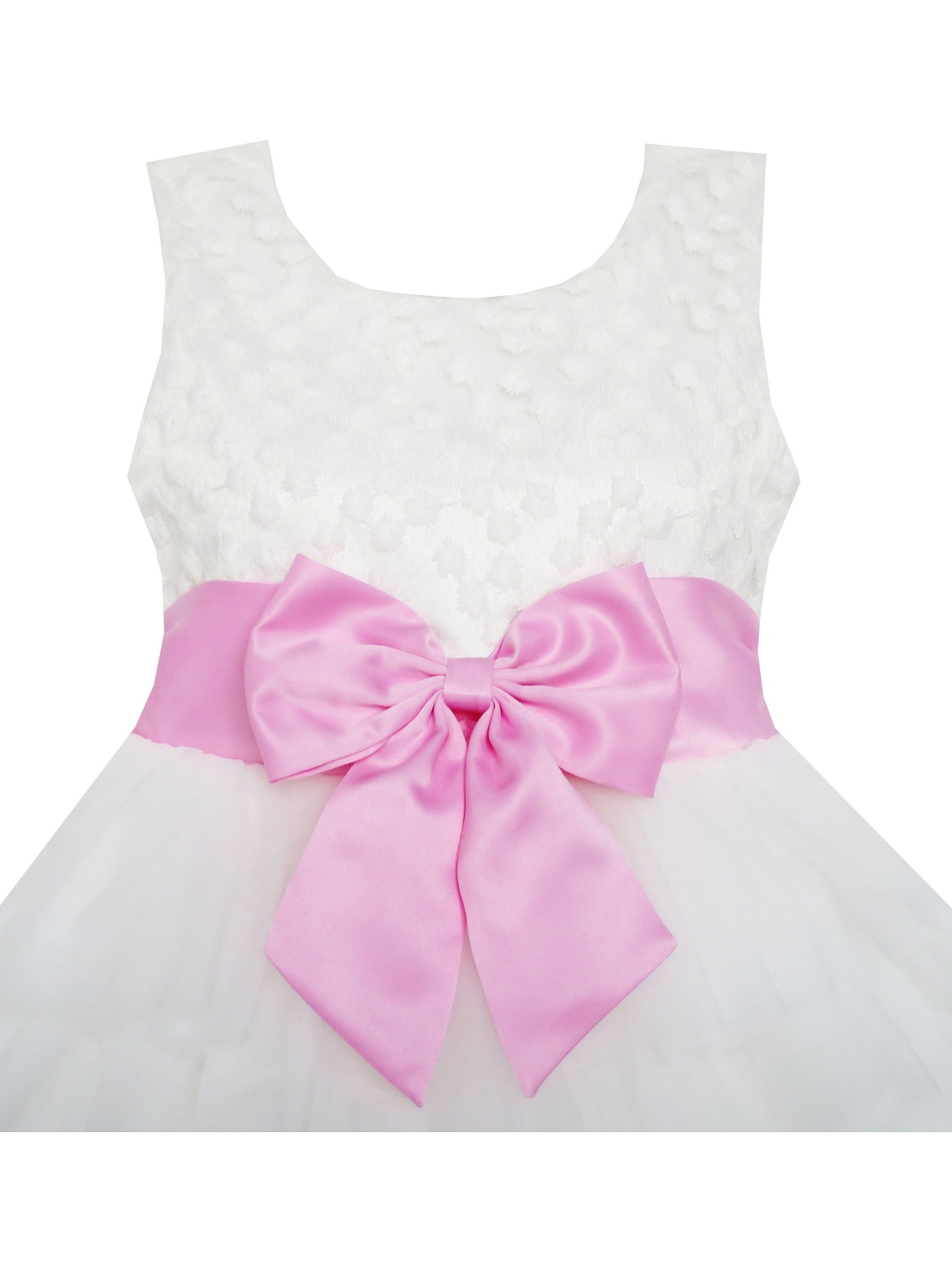 Girls Dress Pink Bow Tie Wedding Lace Tulle Overlay Layered White