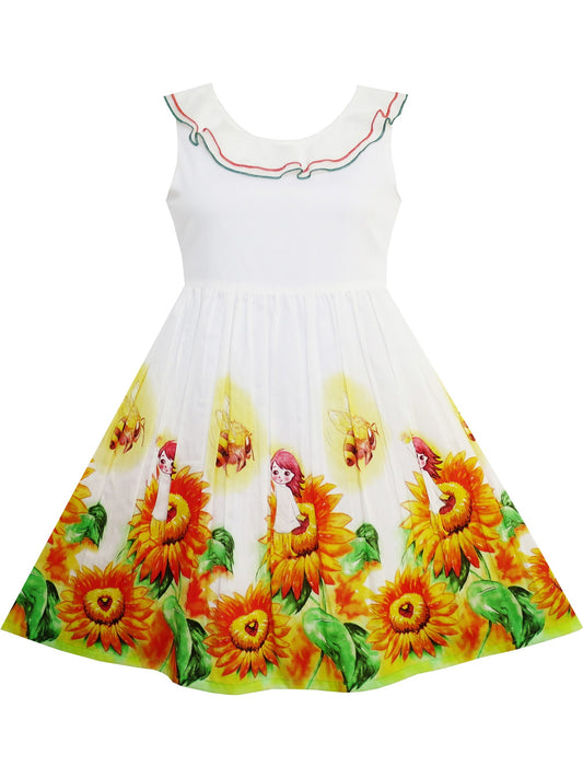 Girls Dress Sunflower Garden Turn-Down Collar Sleeveless Yellow