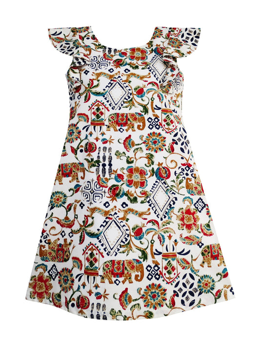 Girls Dress Traditional Hand Drawing Print Elephant Tree Multi-Color
