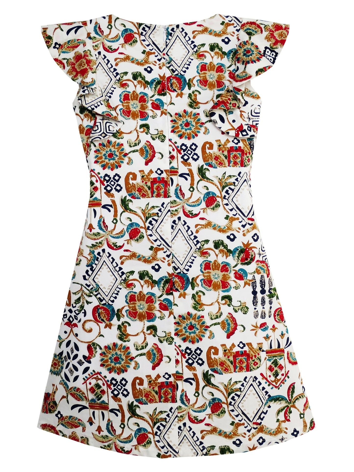 Girls Dress Traditional Hand Drawing Print Elephant Tree Multi-Color