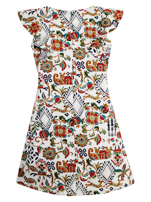 Girls Dress Traditional Hand Drawing Print Elephant Tree Multi-Color