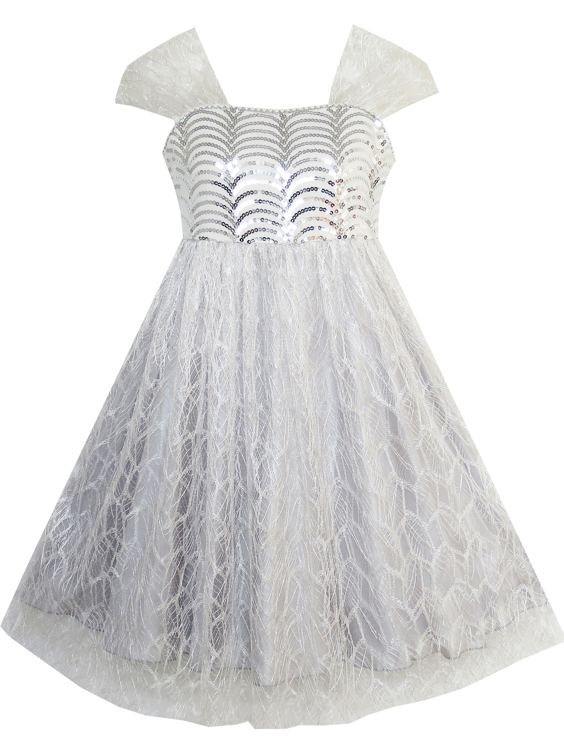 Girls Dress Sequin Mesh Party Wedding Tulle Silver Gray Gray