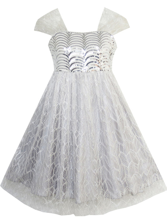 Girls Dress Sequin Mesh Party Wedding Tulle Silver Gray Gray