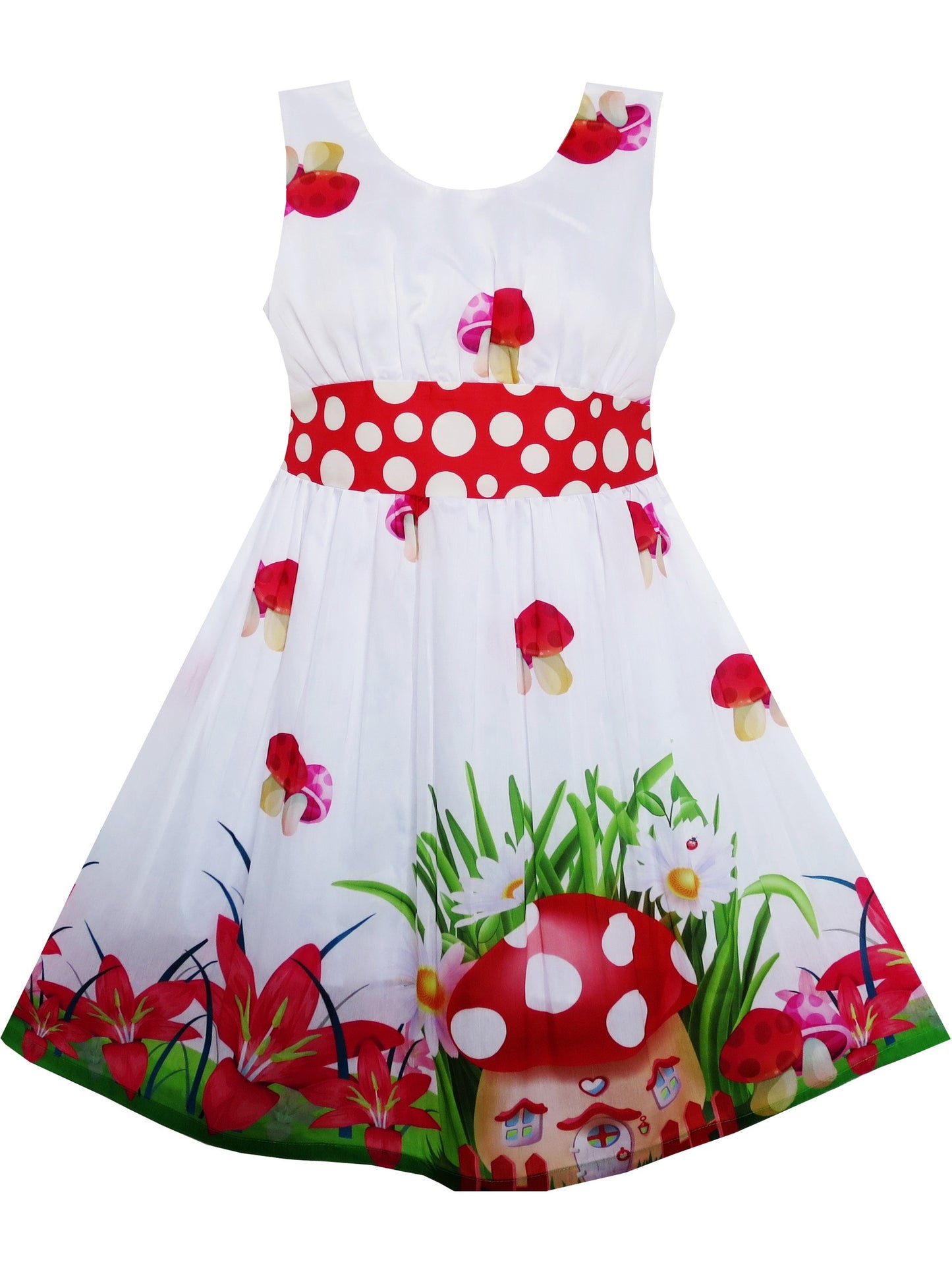 Girls Dress Sunflower Garden Turn-Down Collar Sleeveless Red