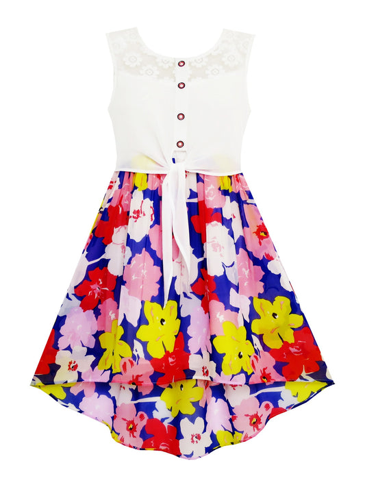 Girls Dress Lace to Chiffon Striped Black White Tied Waist Multi-Color