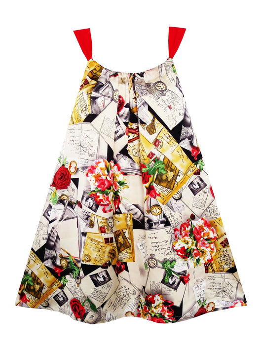 Girls Dress Sleeveless Flower Watch Pen Written Letter Print Multi-Color