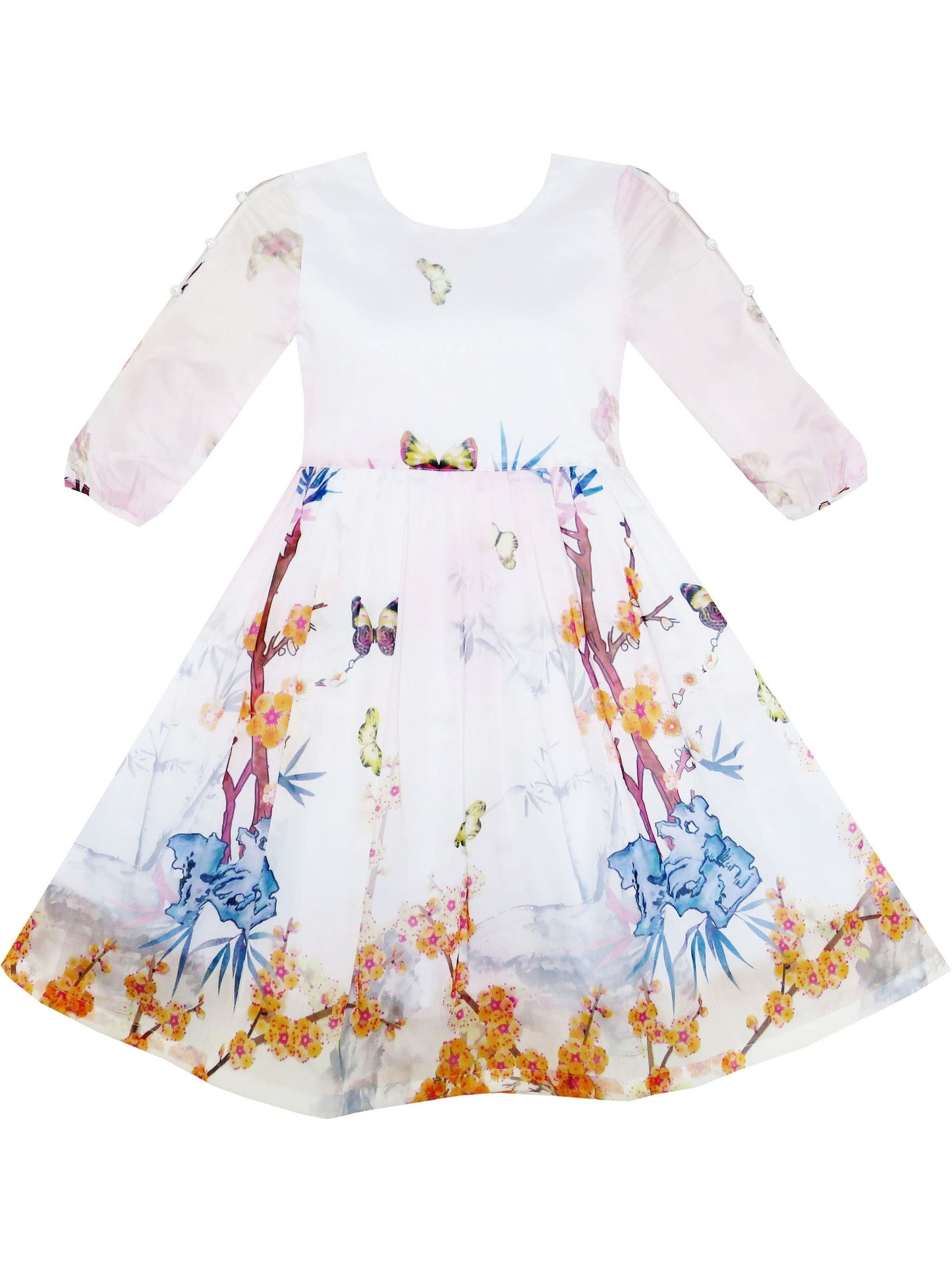 Girls Dress Butterfly Elegant Chinese Plum Flower Bamboo Pink Pink