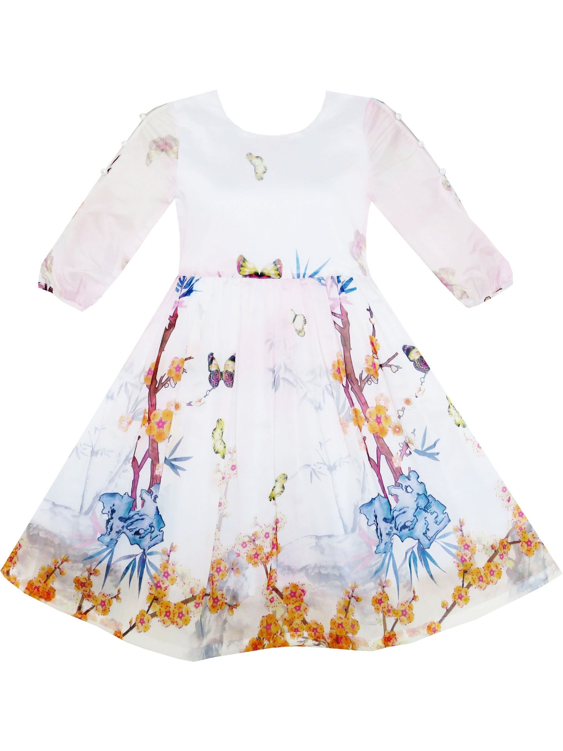 Girls Dress Butterfly Elegant Chinese Plum Flower Bamboo Pink Pink