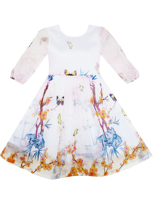 Girls Dress Butterfly Elegant Chinese Plum Flower Bamboo Pink Pink