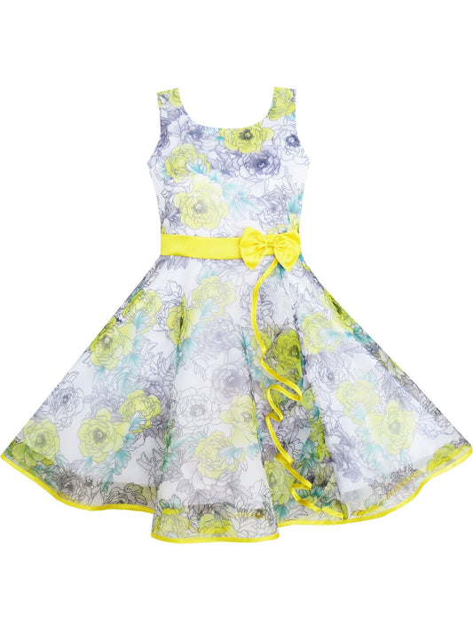 Girls Dress 3 Layers Hand Drawing Peony Flower Pageant Yellow