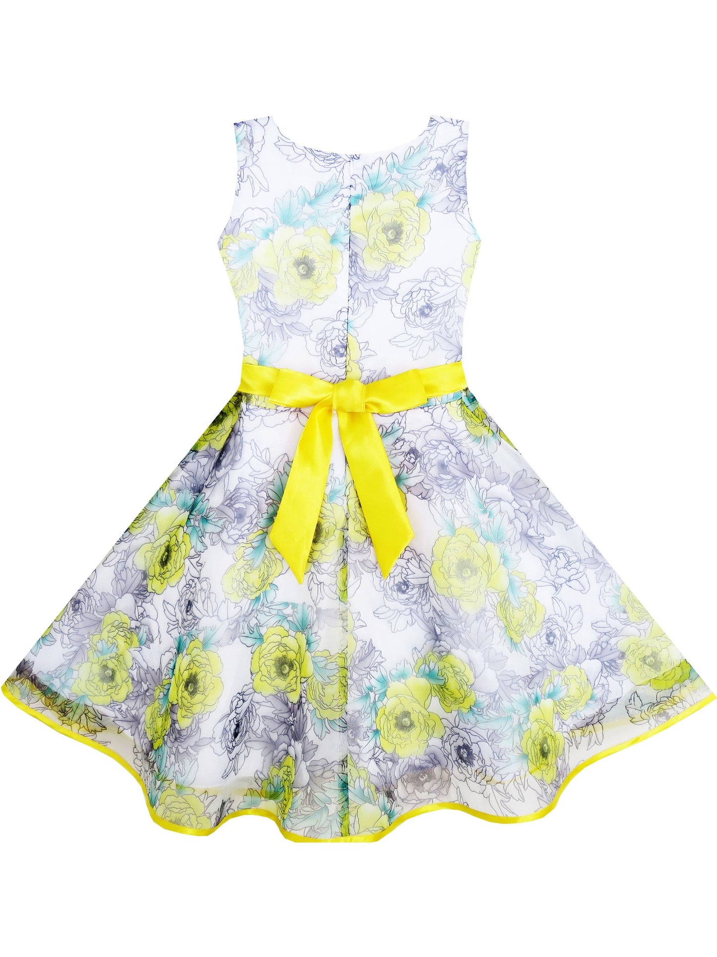 Girls Dress 3 Layers Hand Drawing Peony Flower Pageant Yellow