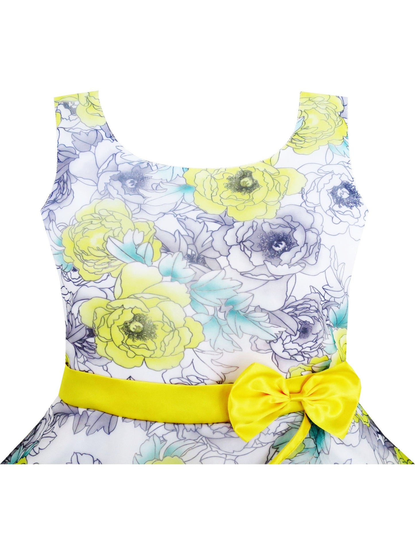 Girls Dress 3 Layers Hand Drawing Peony Flower Pageant Yellow