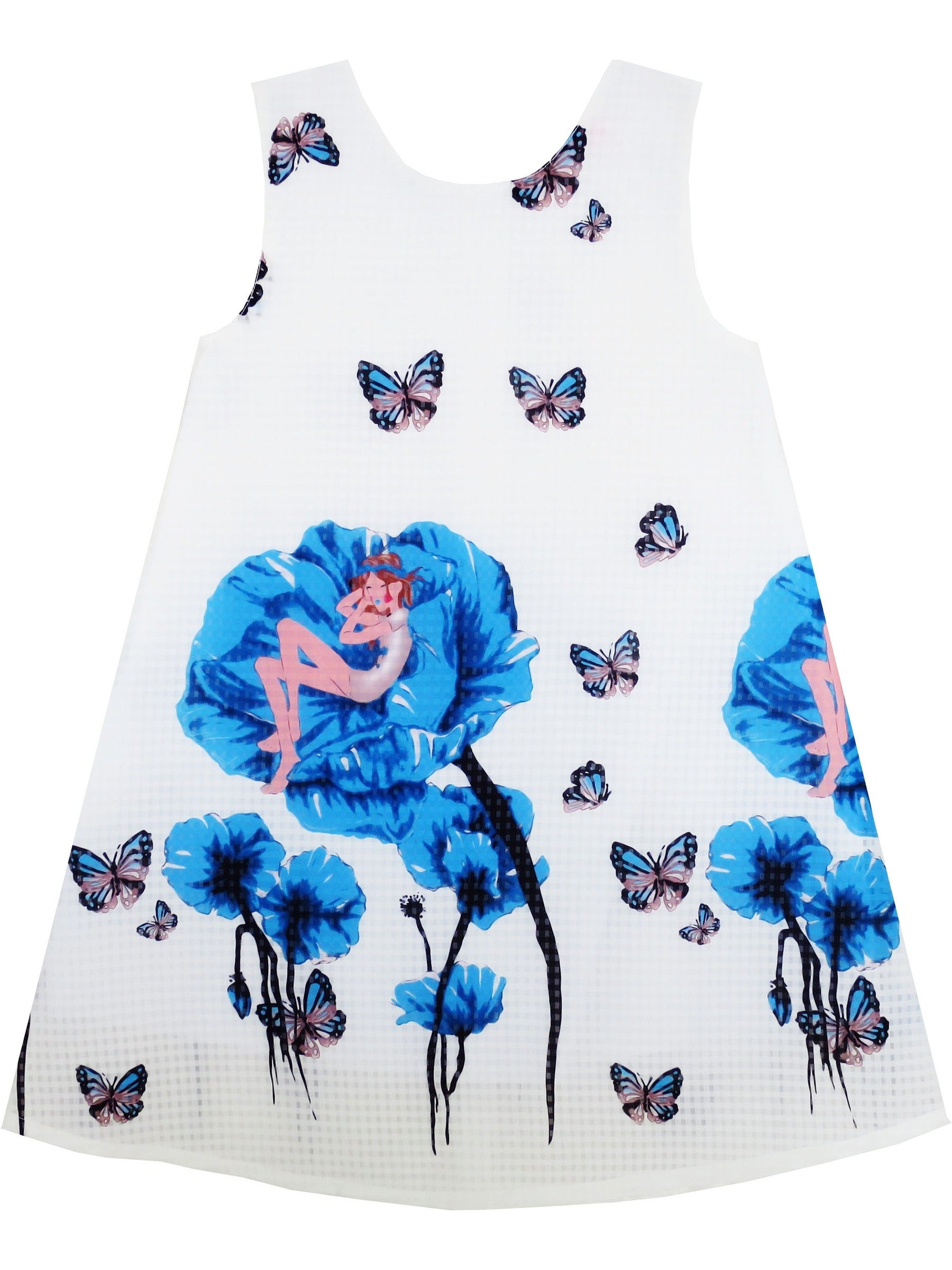 Girls Dress Cherry Flower Green Leaves Print Striped Blue