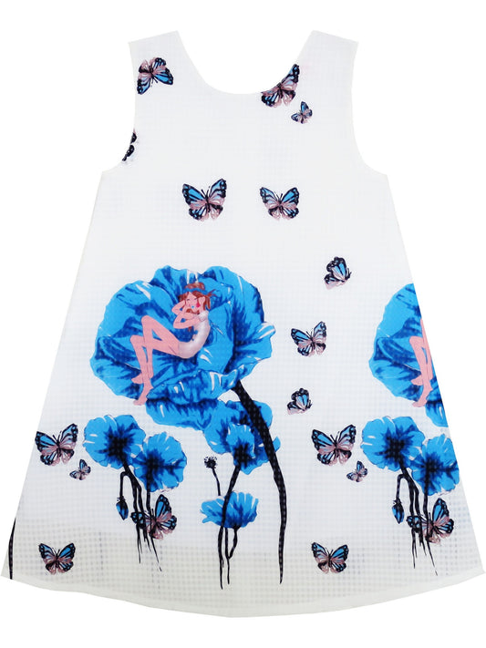 Girls Dress Cherry Flower Green Leaves Print Striped Blue