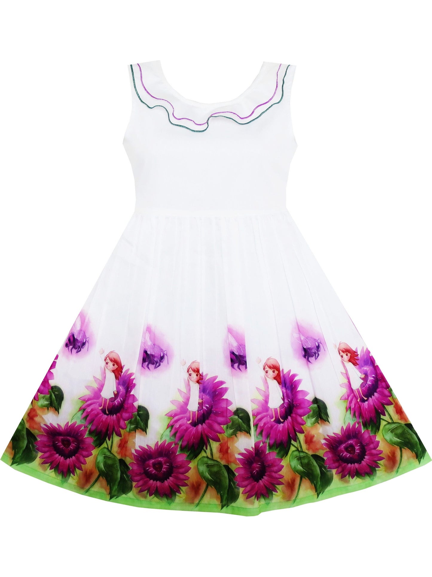 Girls Dress Sunflower Garden Turn-Down Collar Sleeveless Purple