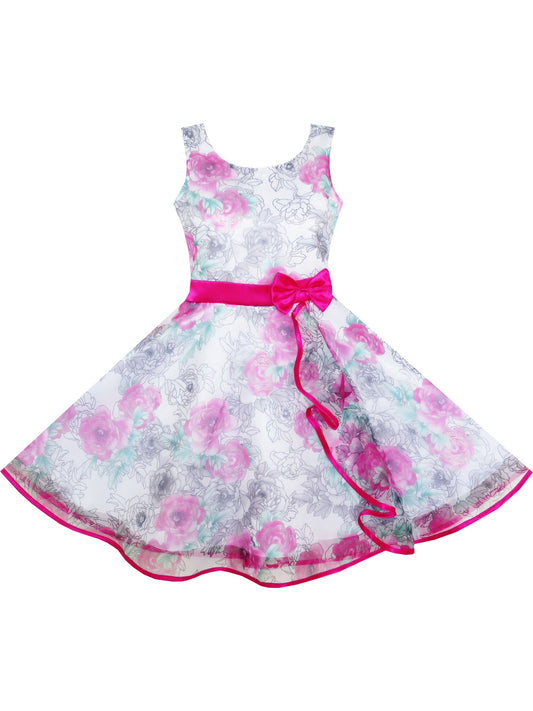 Girls Dress 3 Layers Hand Drawing Peony Flower Pageant Pink