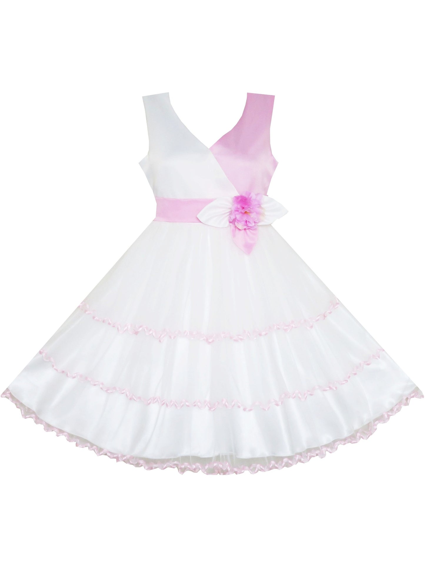 Girls Dress Tulle Lace Embroidered Flower Trim with Beading White