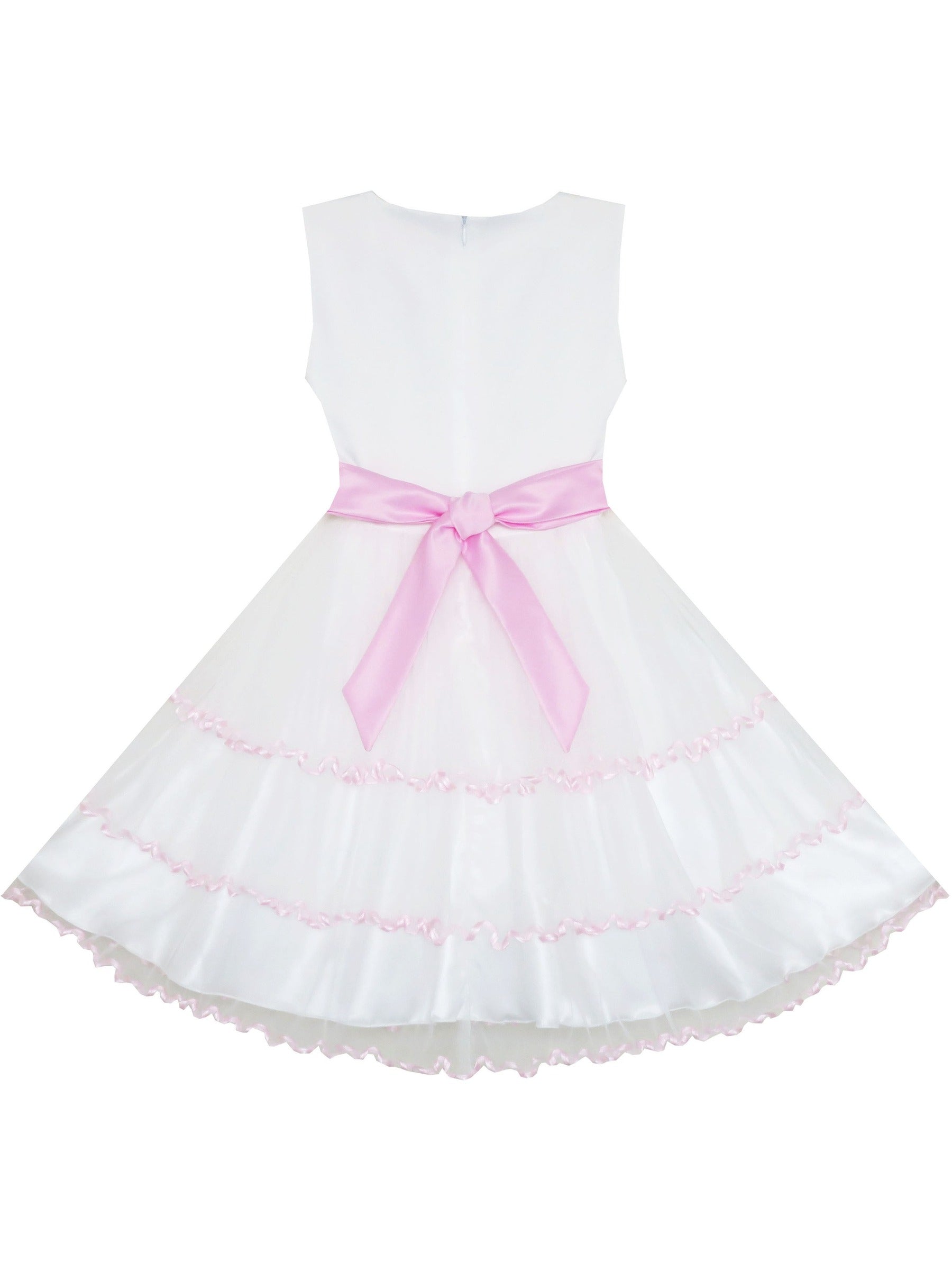 Girls Dress Tulle Lace Embroidered Flower Trim with Beading White