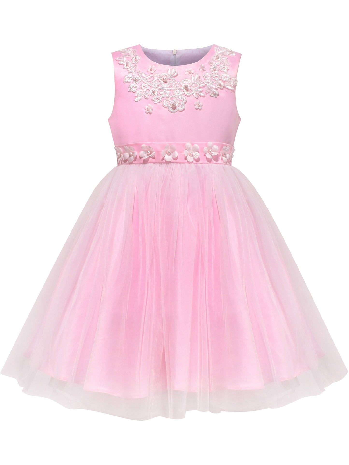 Girls Dress Tulle Lace Embroidered Flower Trim with Beading Pink