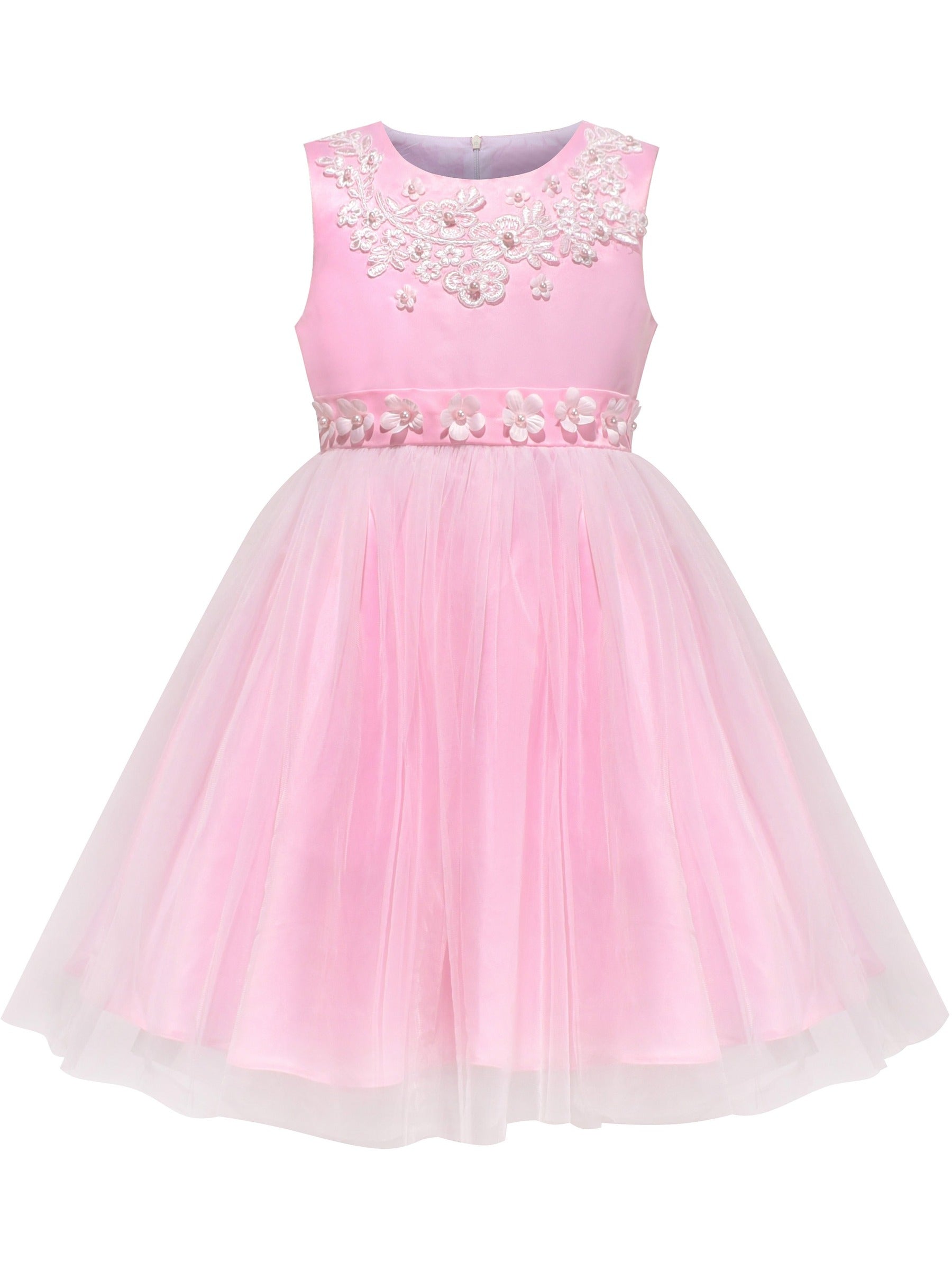 Girls Dress Tulle Lace Embroidered Flower Trim with Beading Pink