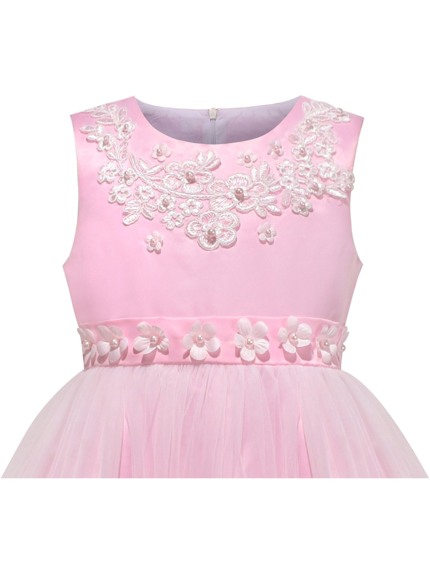Girls Dress Tulle Lace Embroidered Flower Trim with Beading Pink