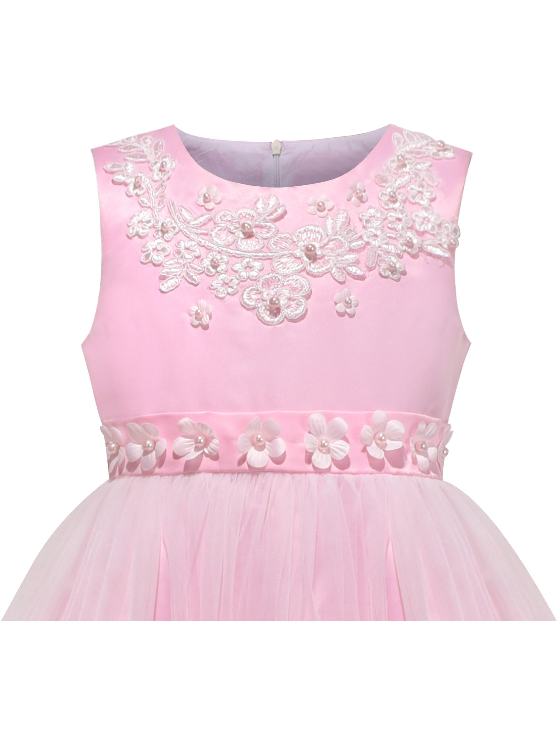Girls Dress Tulle Lace Embroidered Flower Trim with Beading Pink