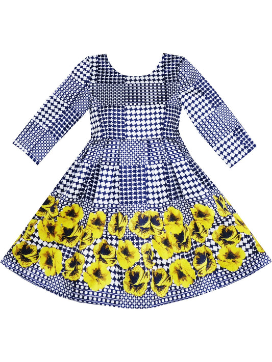 Girls Dress 3/4 Sleeve Elegant Black Checkered Red Flower Blue