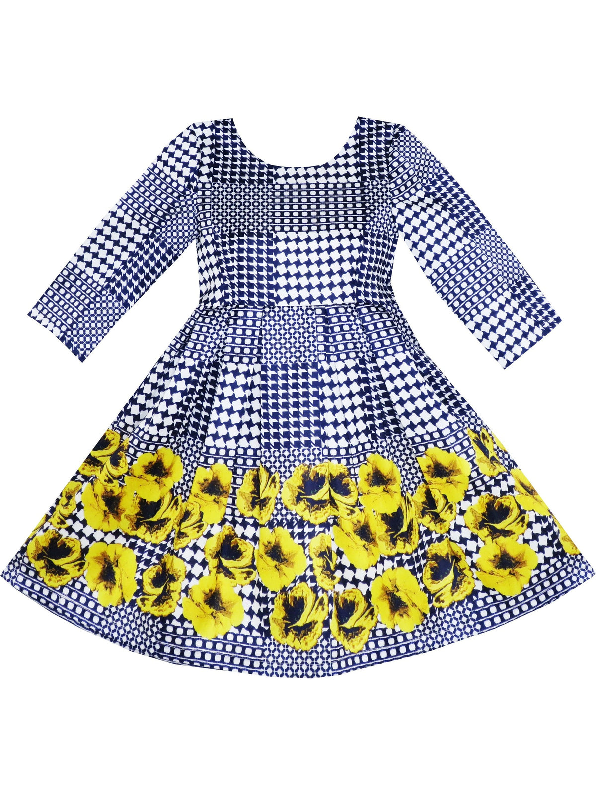 Girls Dress 3/4 Sleeve Elegant Black Checkered Red Flower - Blue 2