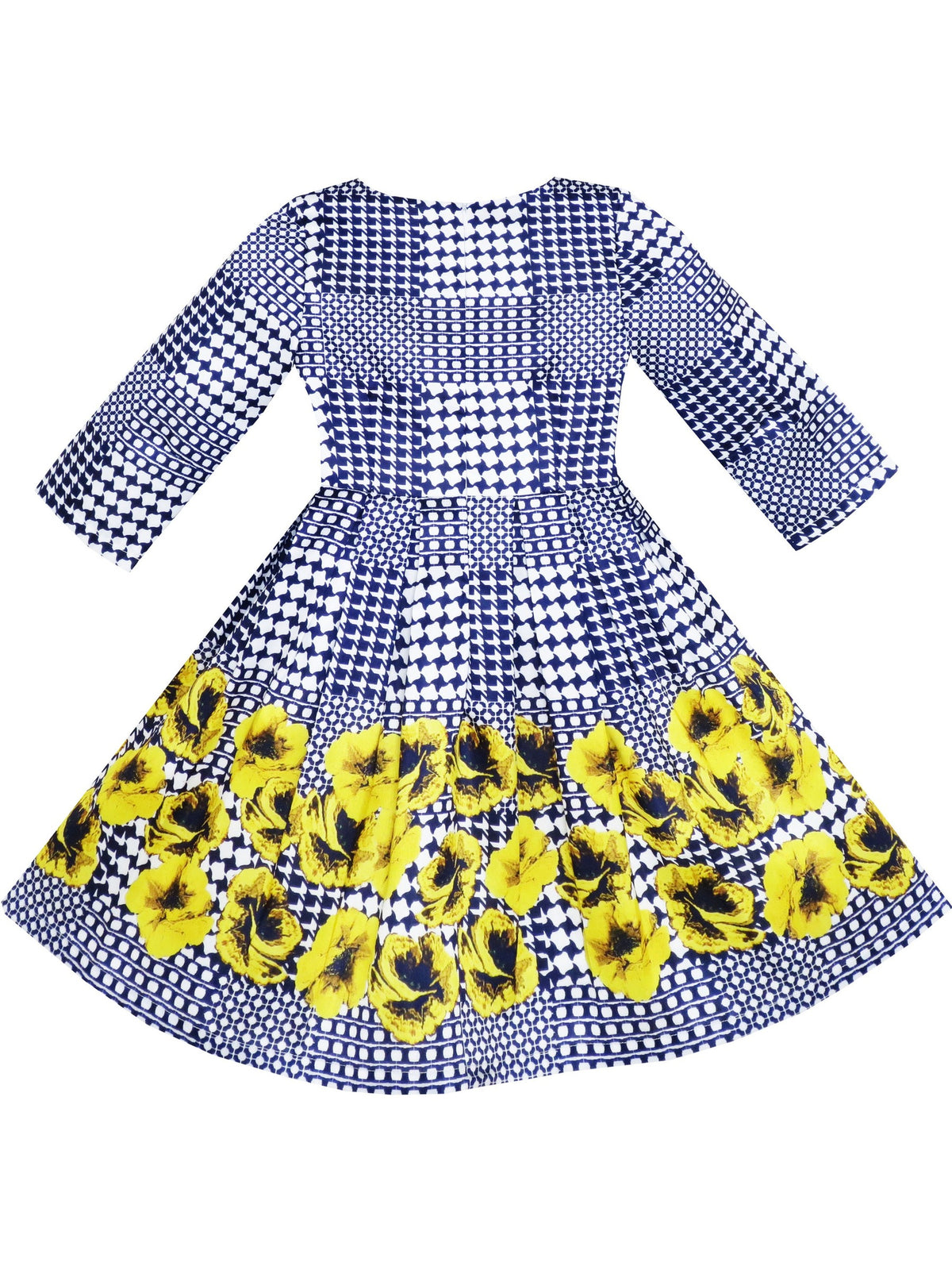 Girls Dress 3/4 Sleeve Elegant Black Checkered Red Flower - Blue 2