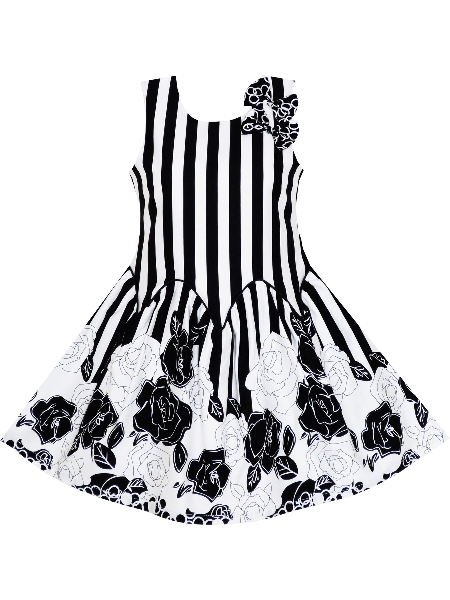 Girls Dress Sleeveless Black White Stripes Flower Bow Tie Black