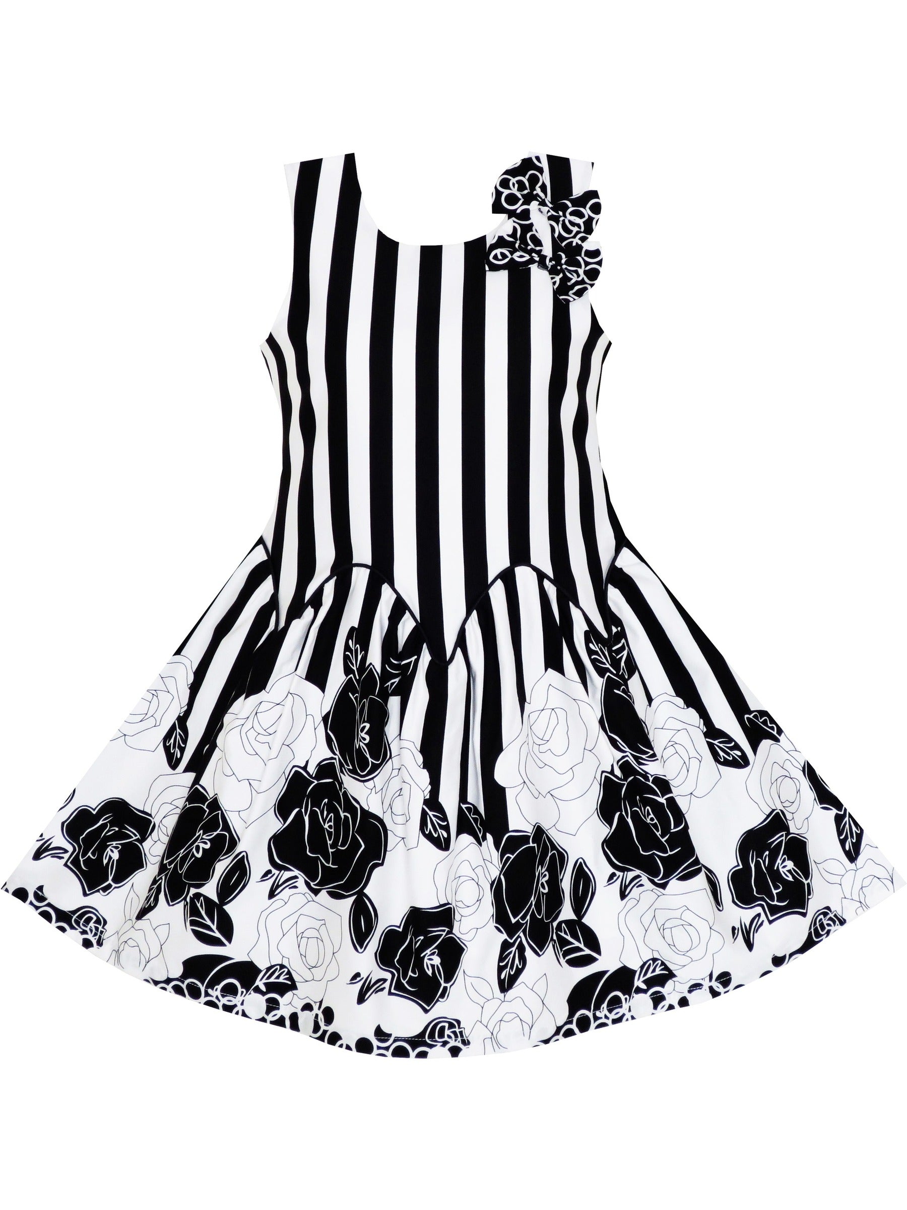Girls Dress Sleeveless Black White Stripes Flower Bow Tie Black