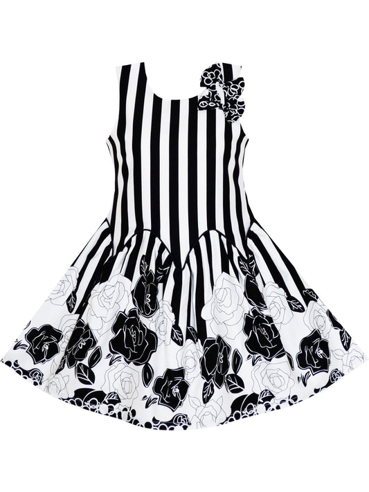 Girls Dress Sleeveless Black White Stripes Flower Bow Tie Black