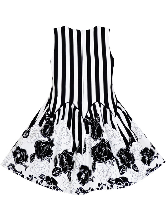 Girls Dress Sleeveless Black White Stripes Flower Bow Tie Black