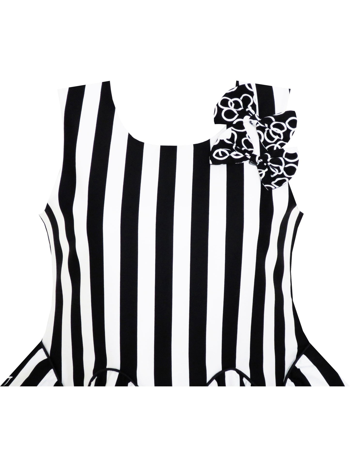 Girls Dress Sleeveless Black White Stripes Flower Bow Tie Black