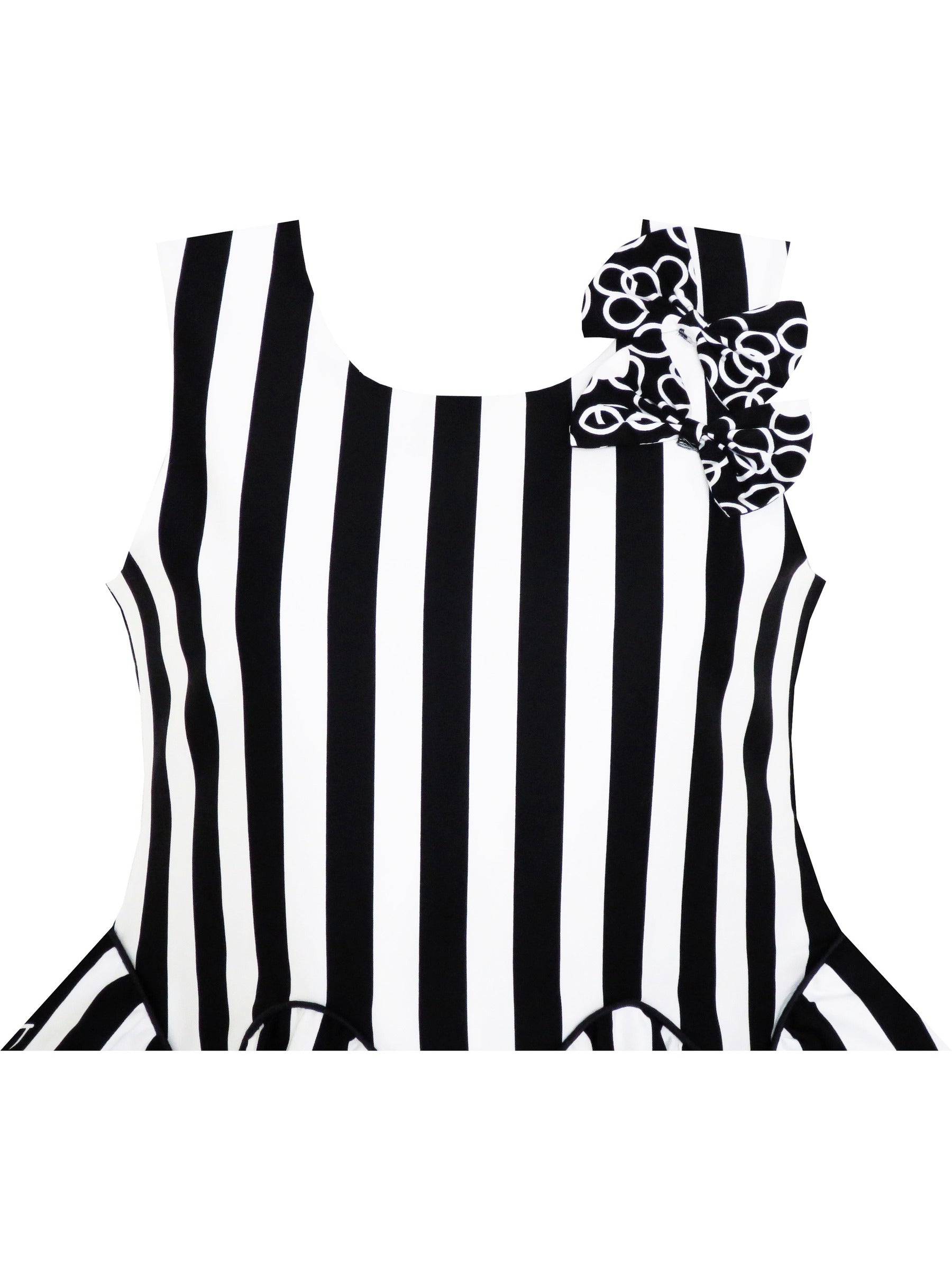 Girls Dress Sleeveless Black White Stripes Flower Bow Tie Black