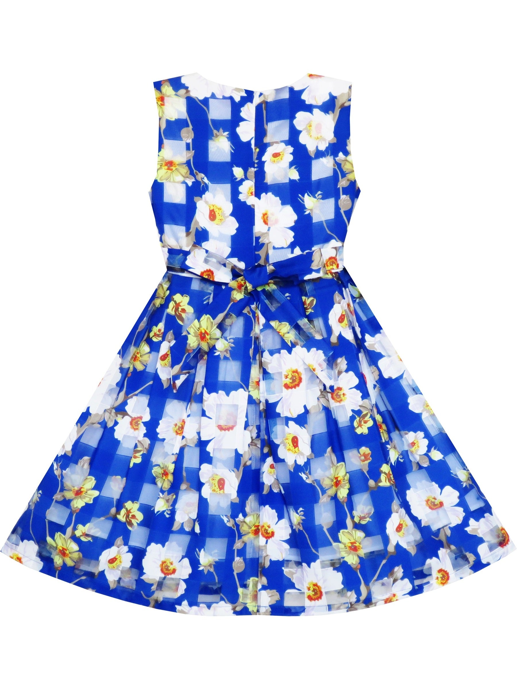 Girls Dress Purple Flower Lace Trim Bow Tie Sleeveless Blue
