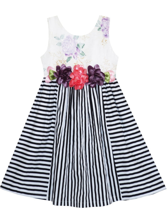 Girls Dress Sleeveless Stripes Floral Printed Flower Waist Multi-Color