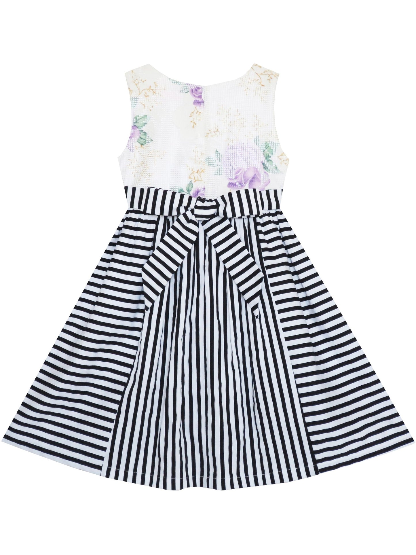 Girls Dress Sleeveless Stripes Floral Printed Flower Waist Multi-Color