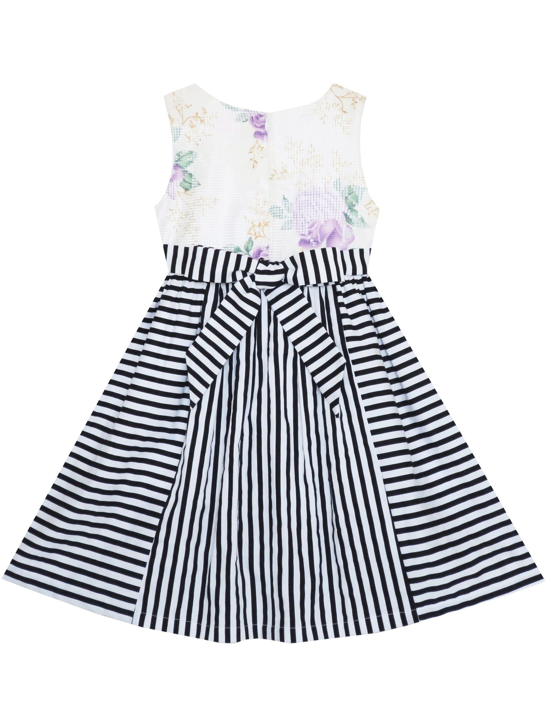 Girls Dress Sleeveless Stripes Floral Printed Flower Waist Multi-Color