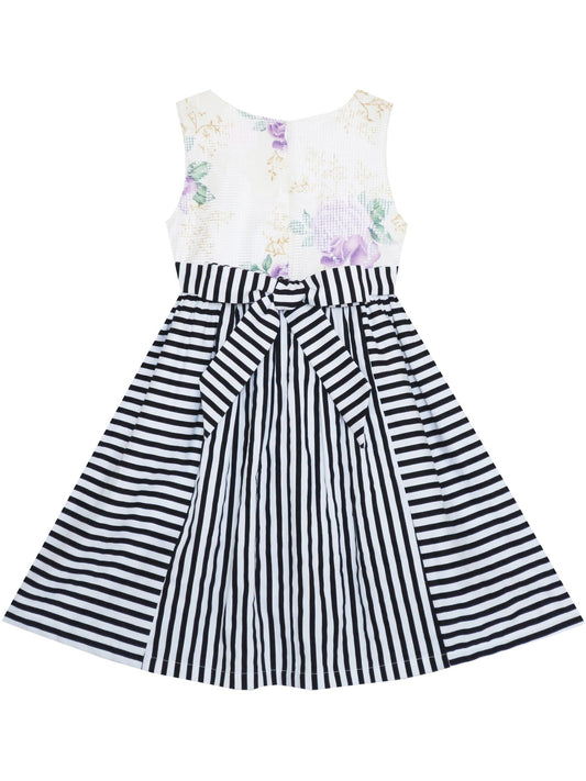 Girls Dress Sleeveless Stripes Floral Printed Flower Waist Multi-Color