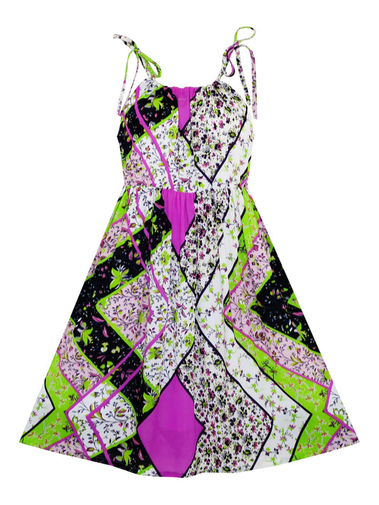 Girls Dress Halter Asymmetric Flower Checkered Orange Multi-Color