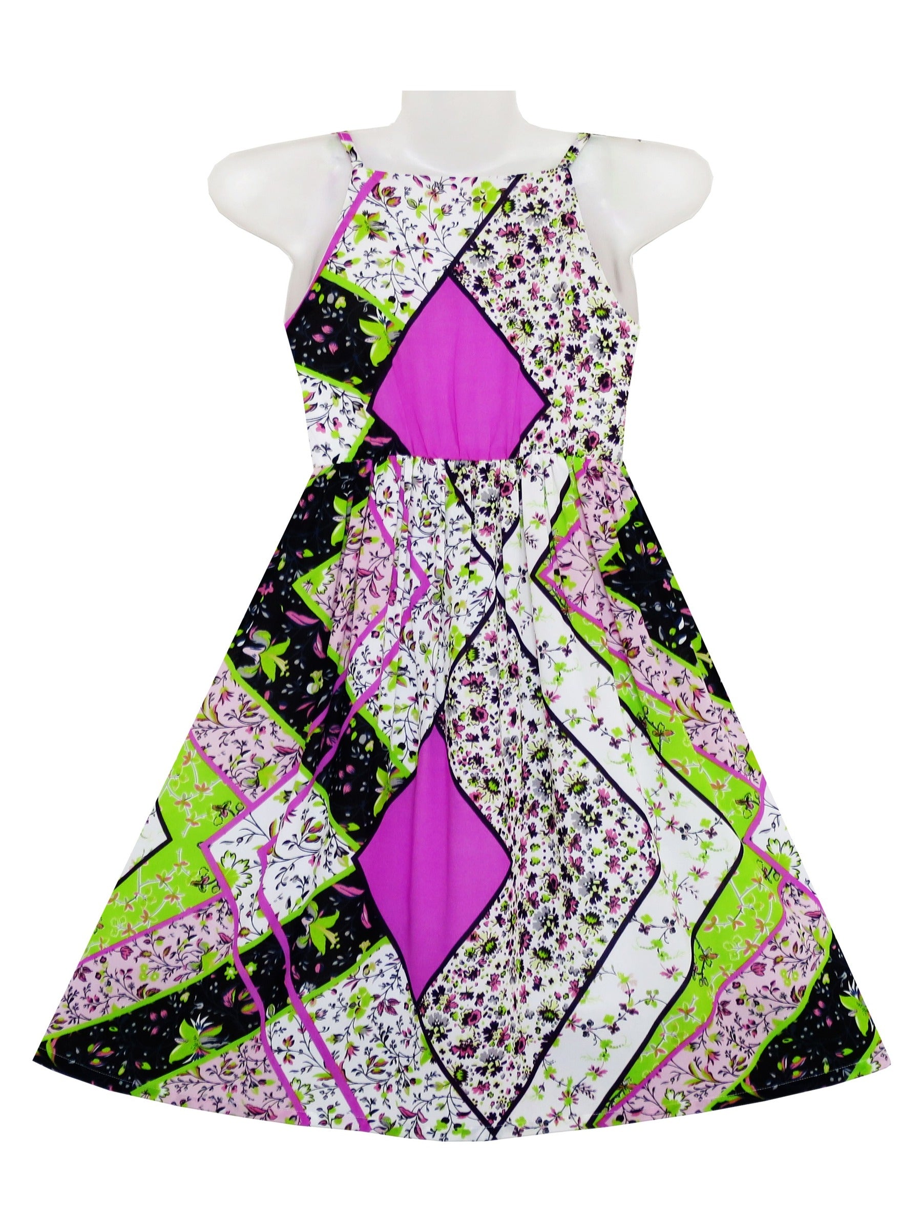 Girls Dress Halter Asymmetric Flower Checkered Orange Multi-Color