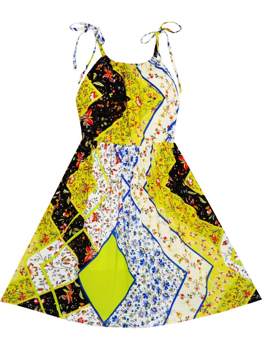 Girls Dress Halter Asymmetric Flower Checkered Orange Yellow