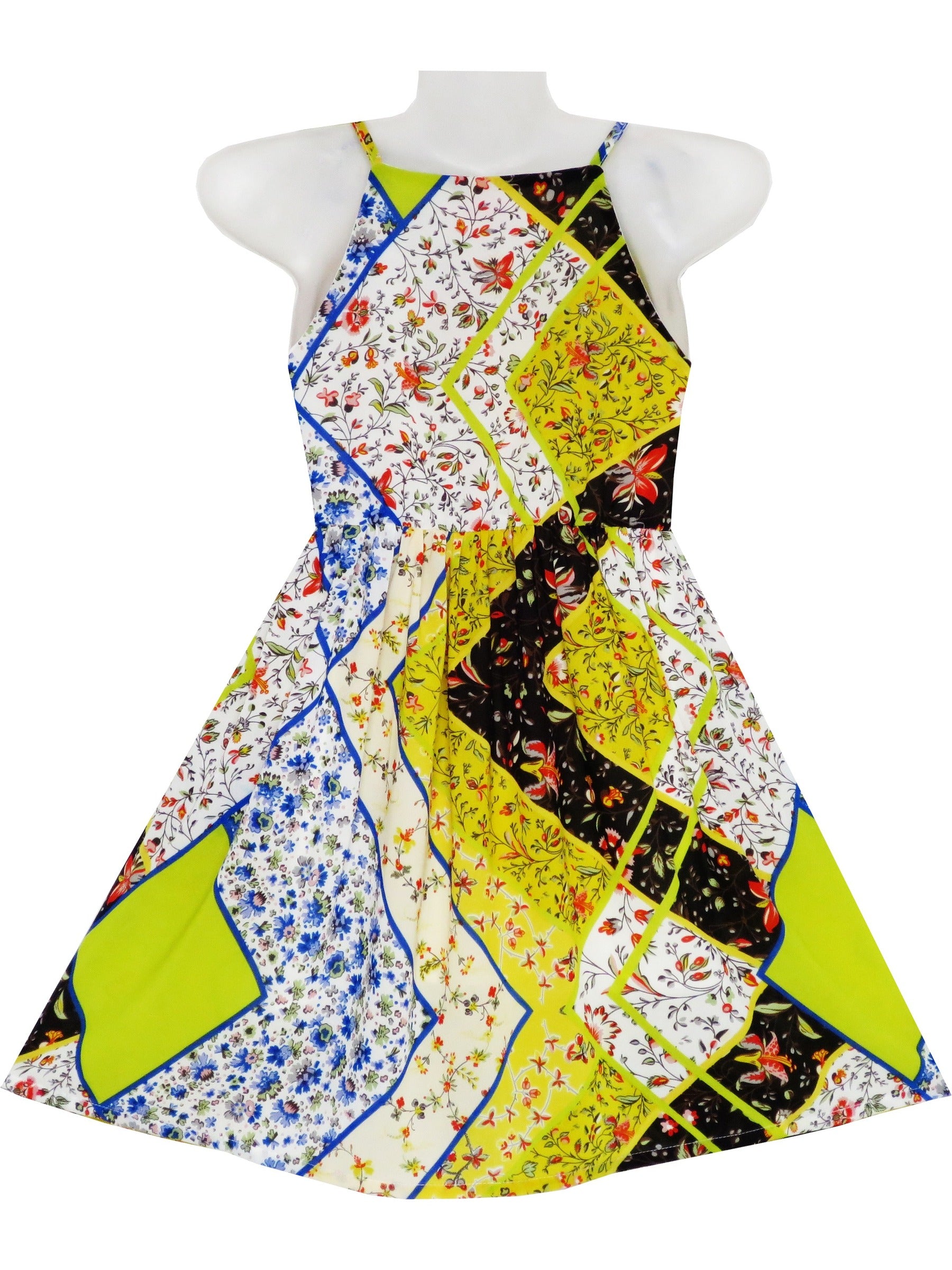 Girls Dress Halter Asymmetric Flower Checkered Orange Yellow