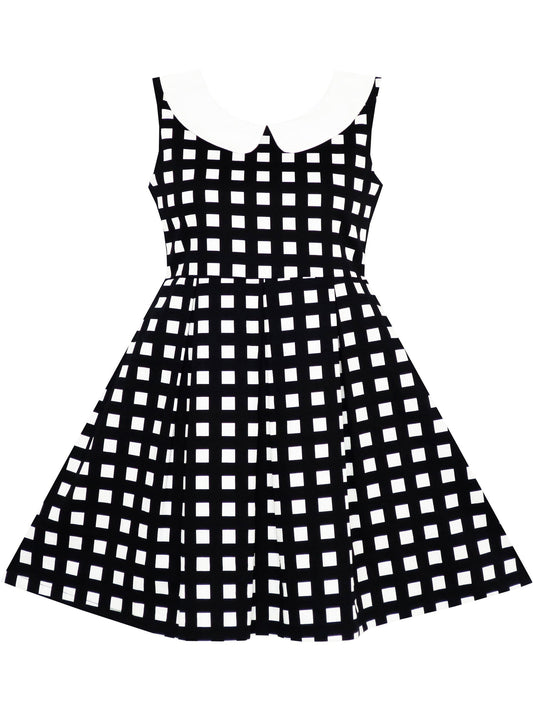 Girls Dress Transparent Shoulder Checkered Plaid Hot Pink Party Sundress Black
