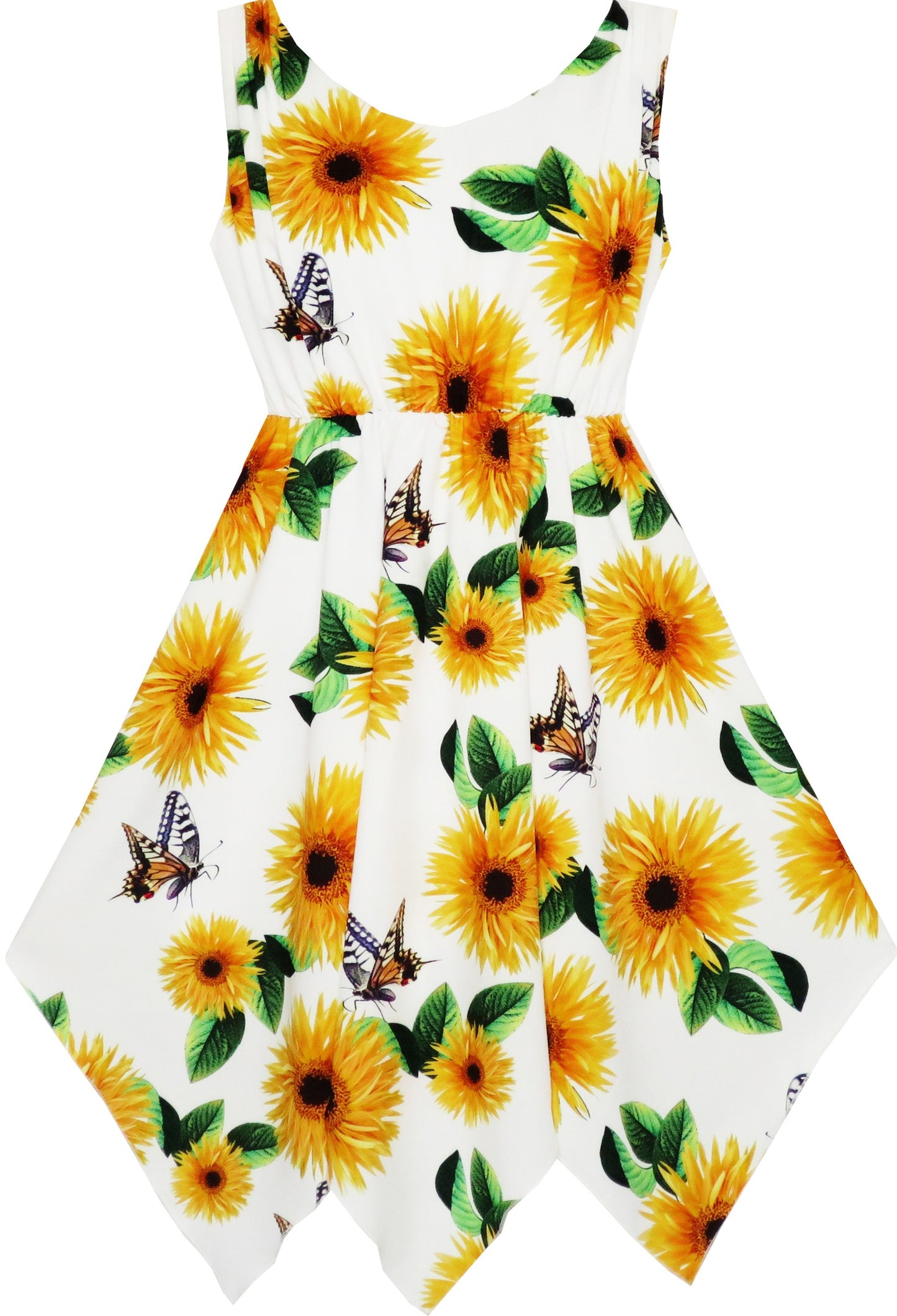 Girls Dress Sunflower Butterfly Hanky Hem Party Beach Necklace Sundress Yellow